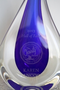 Close-up of the engraved words: 2013 Hall of Fame, The Christy Award, Karen Hancock